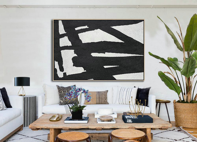 Extra Large Paintings,Hand Painted Oversized Horizontal Minimal Art On Canvas, Black And White Minimalist Painting - Canvas Wall Paintings